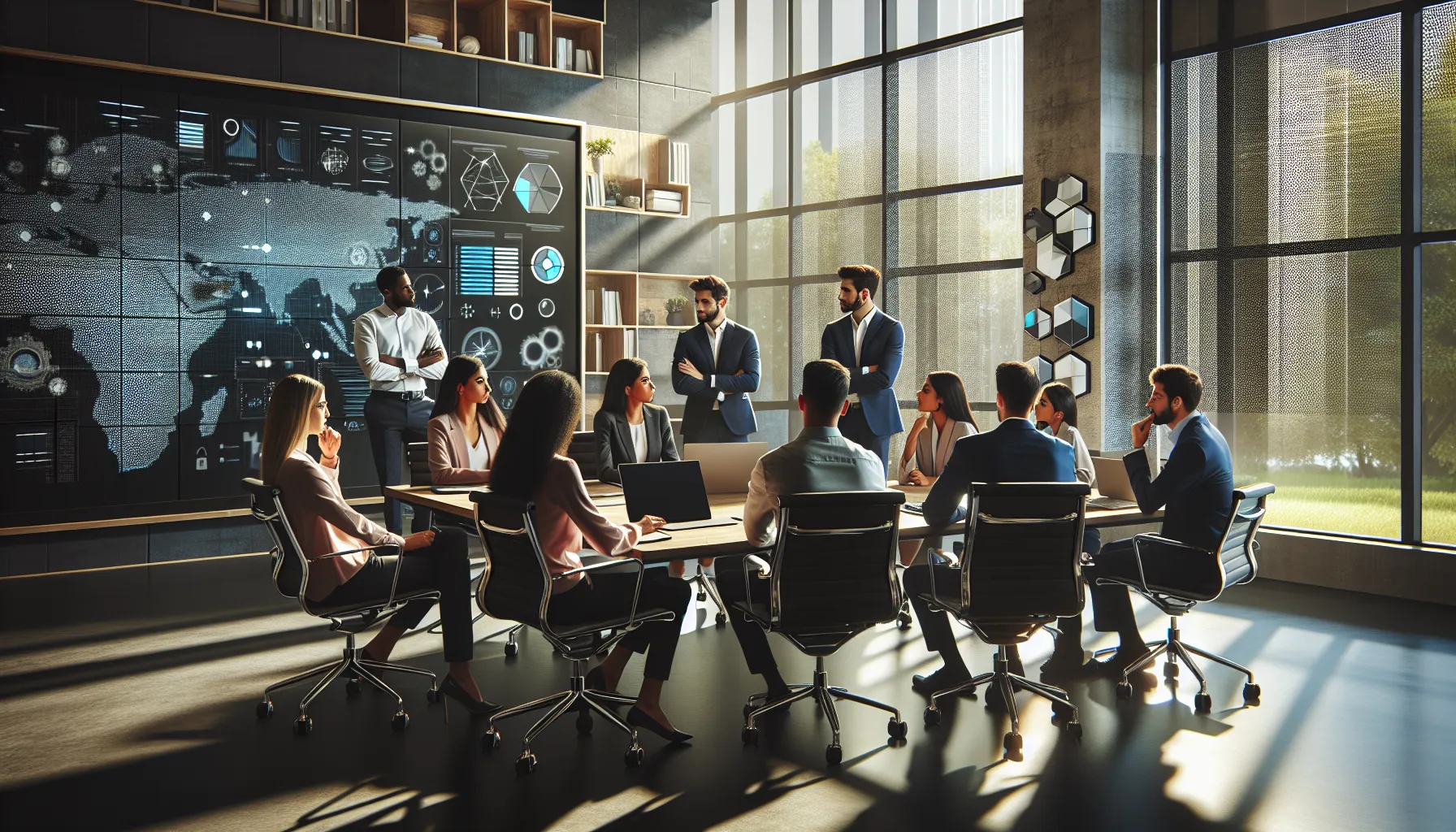 diverse team discussing technology in a modern office.