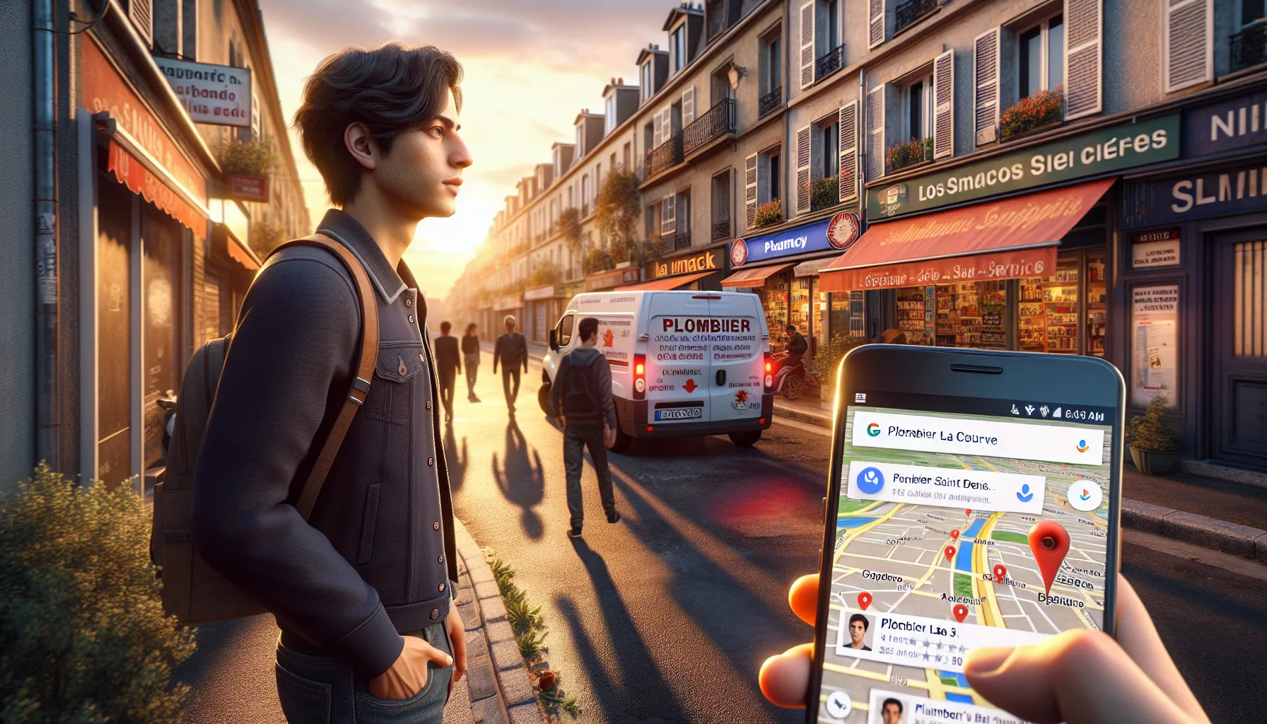 Person on a La Courneuve street using Google Maps to find local services.
