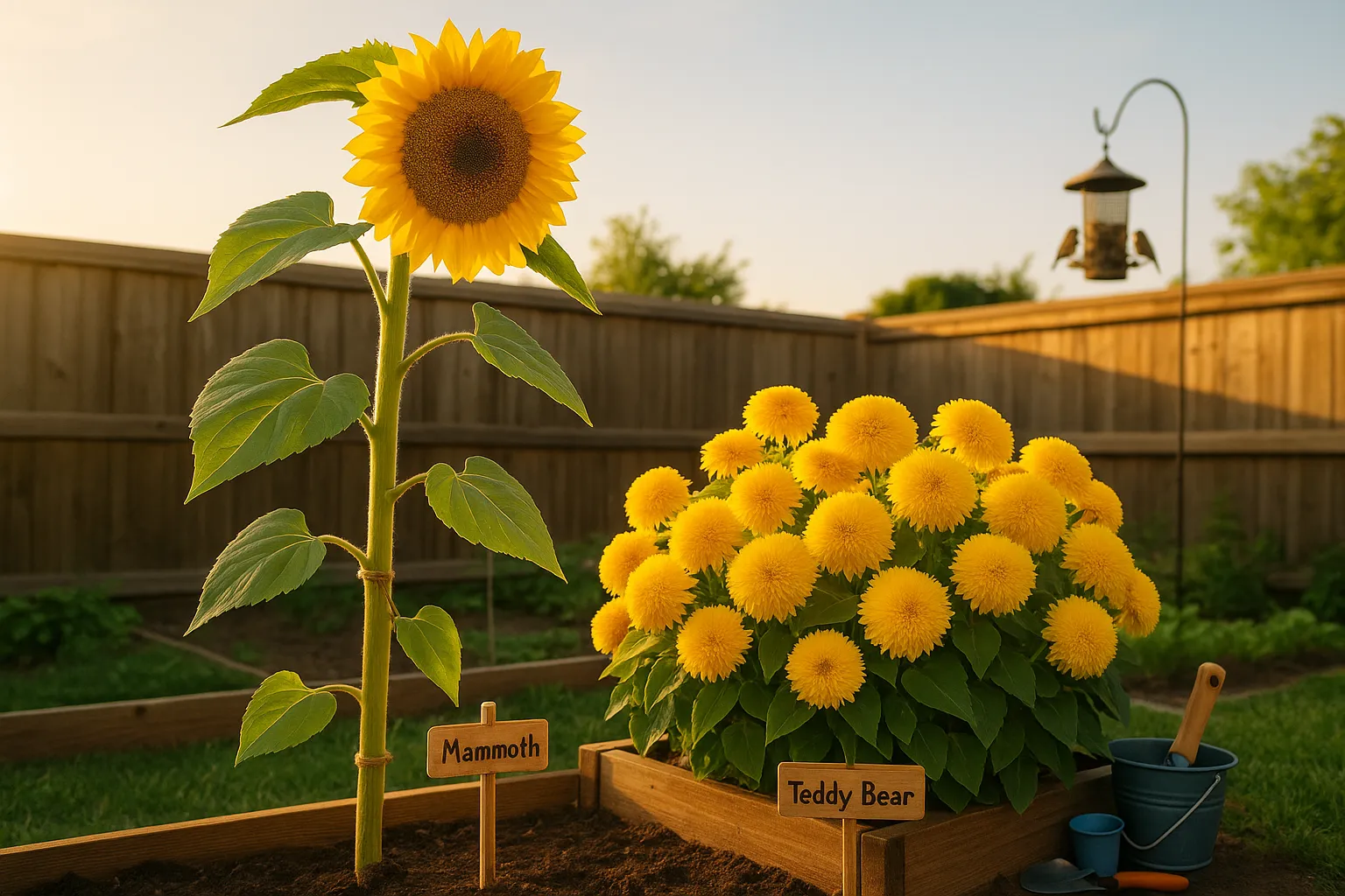 A tall Mammoth sunflower beside a bushy group of Teddy Bear sunflowers.