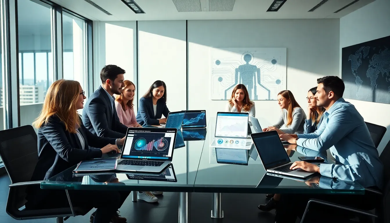 diverse team discussing innovative technology in a modern office.
