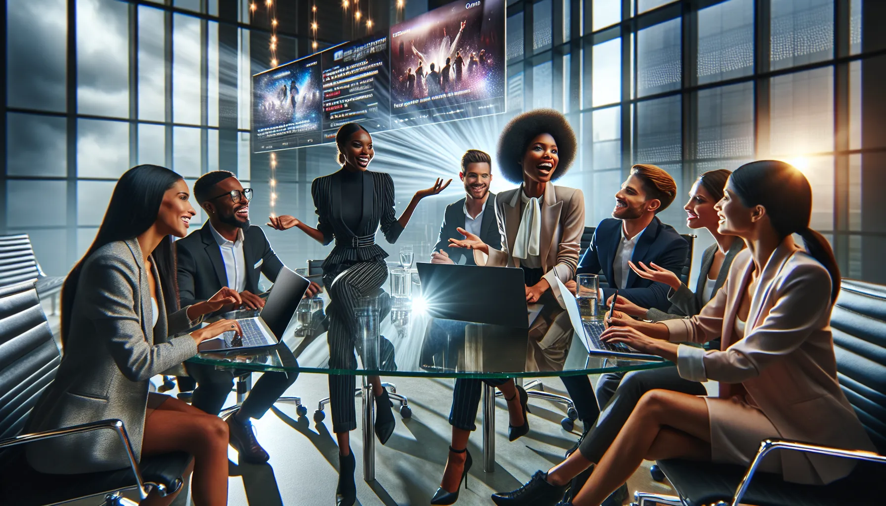 Professionals discussing films in a modern office setting.