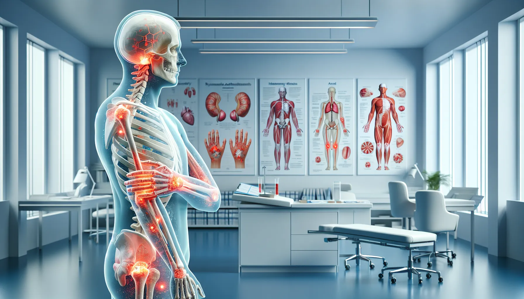 Medical illustration showing human body with highlighted joints and organs affected by rheumatoid arthritis