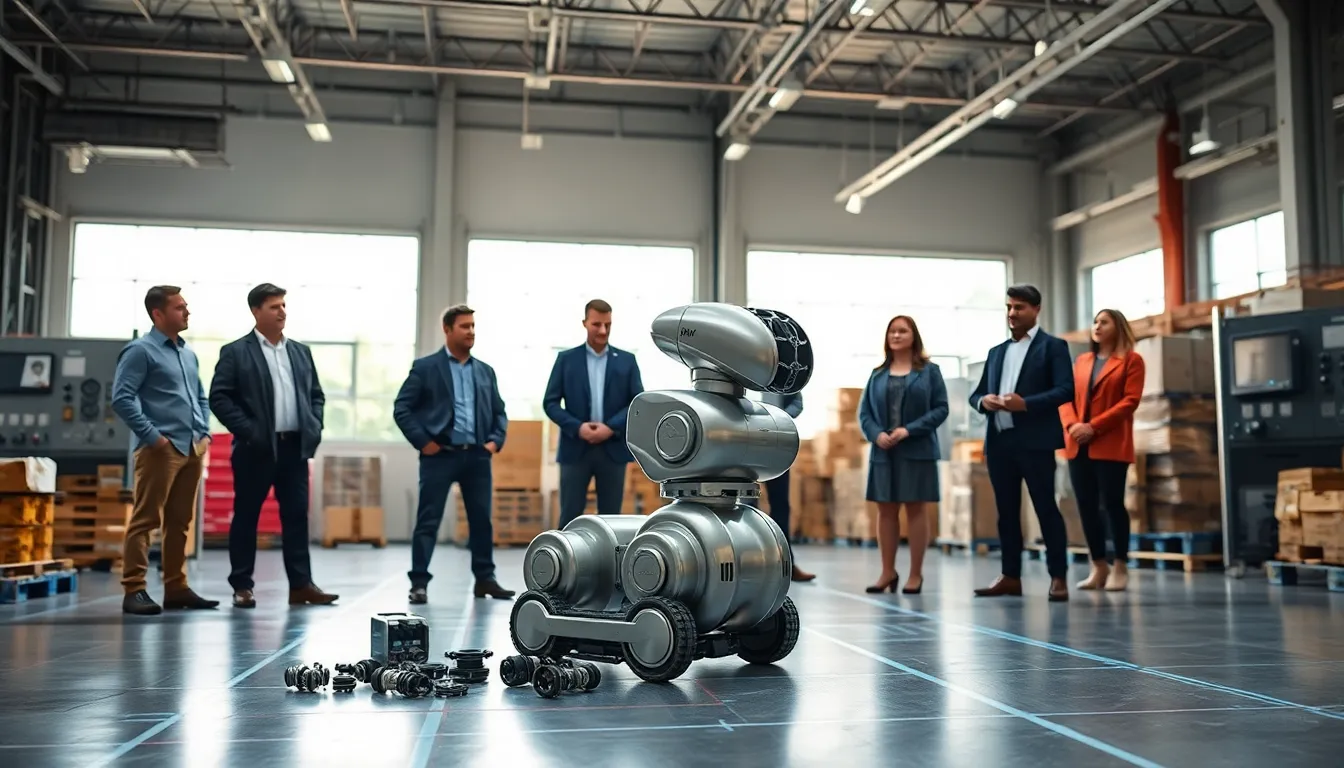 a diverse team observing a modular robot in a modern warehouse.