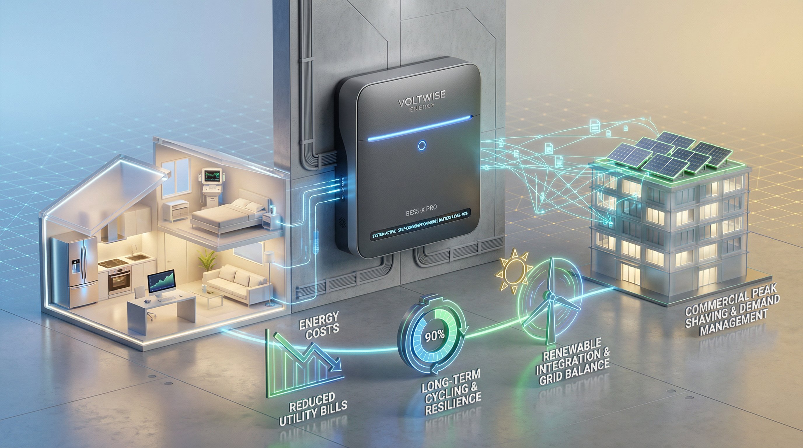3D render of a BESS unit with residential and commercial energy integration elements.