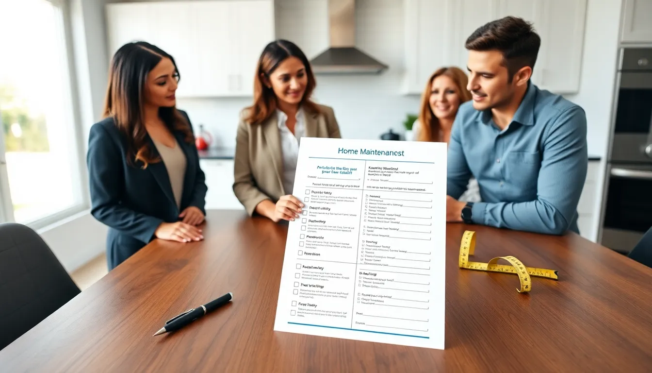 printable home maintenance checklist on a table with engaged professionals.
