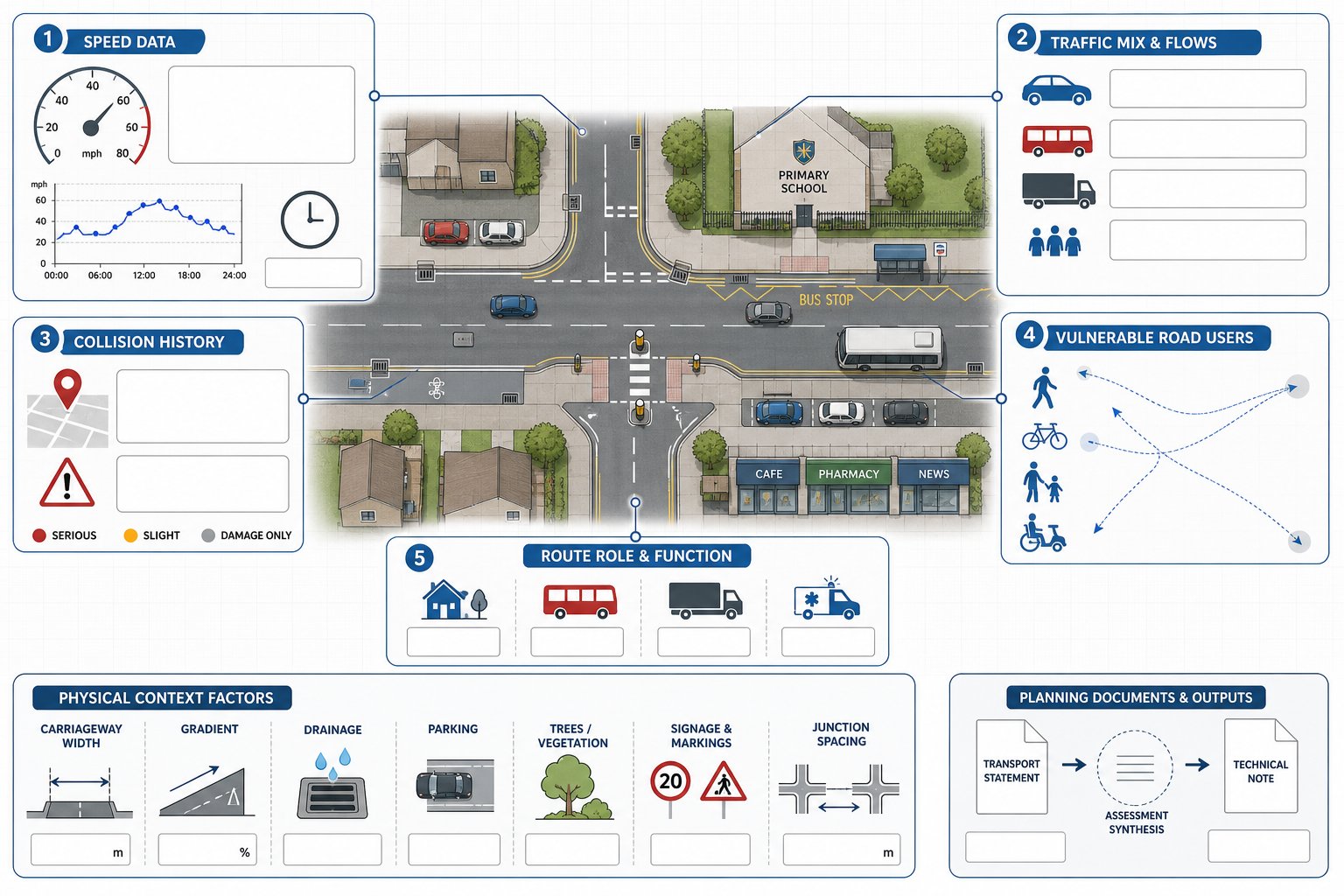 Infographic of assessing a UK road before choosing speed reduction measures.
