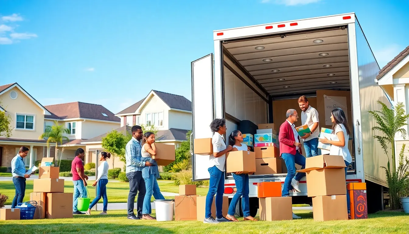 Families and professionals engaged in moving activities on National Moving Day.