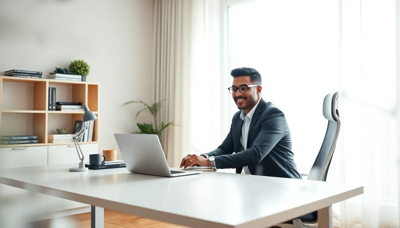 diverse professional in a modern home office engaging in a video call.