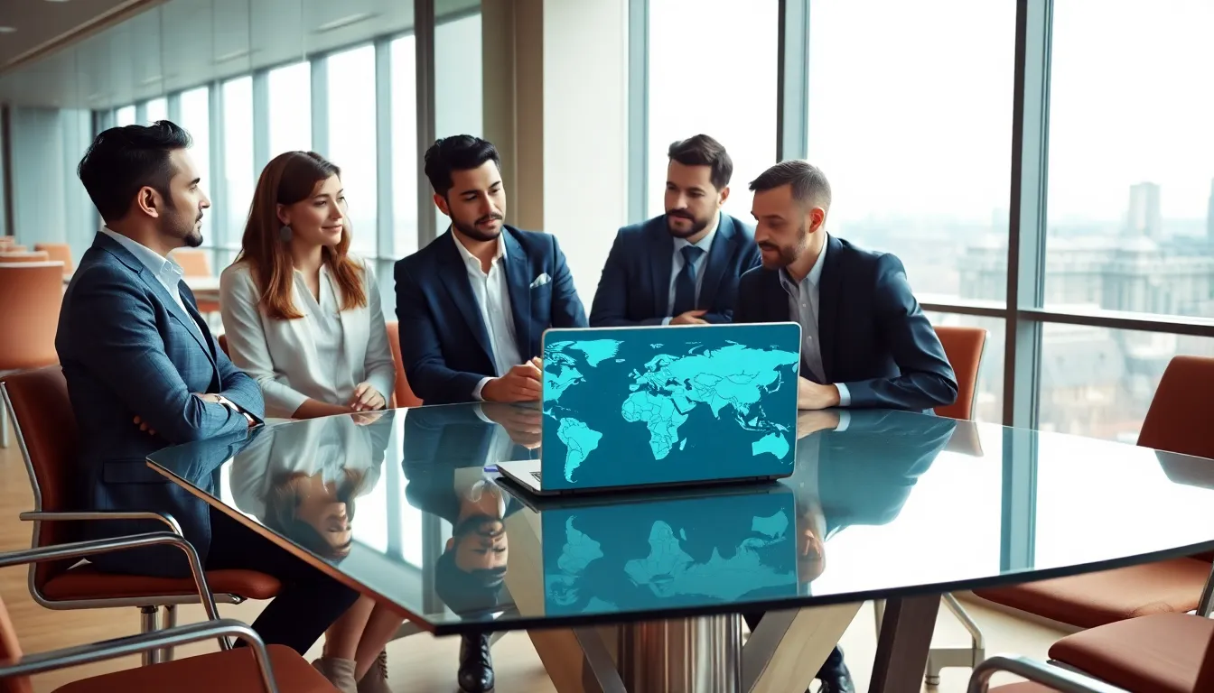 diverse professionals discussing cultural connections in a modern office.