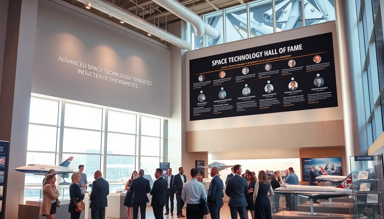 exhibition hall showcasing space technology with diverse professionals.
