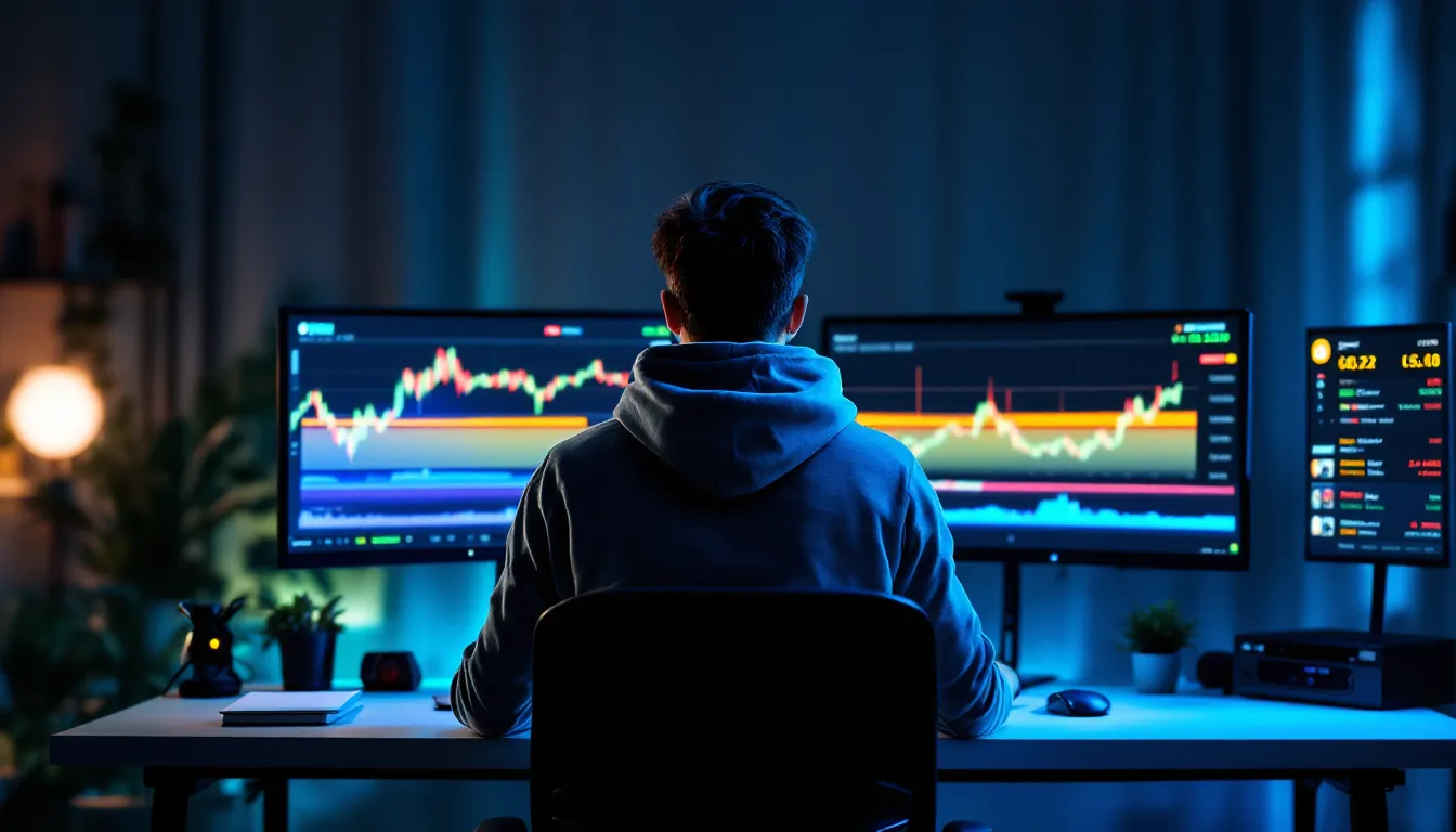 Trader at home analyzing short-term Dogecoin price ranges on dual monitors.