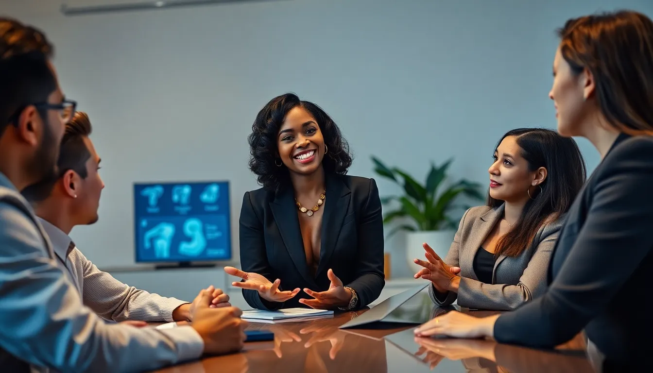 professionals discussing the topic of espernofilia in a modern office.