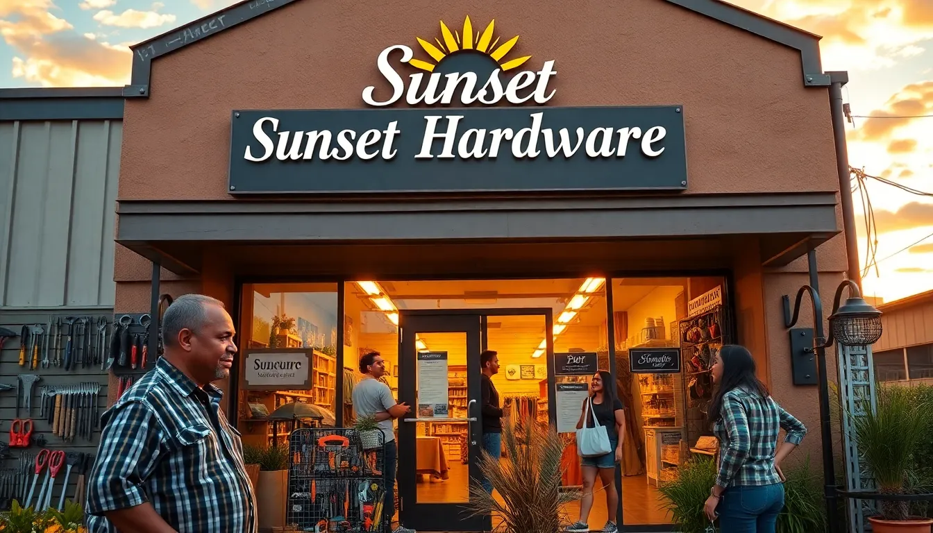 Sunset Hardware storefront at sunset with diverse customers browsing.