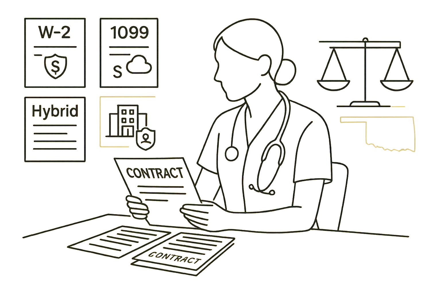 Nurse practitioner reviewing three labeled contracts with a scale and Oklahoma outline of Oklahoma Nurse Practitioner Contract Review.