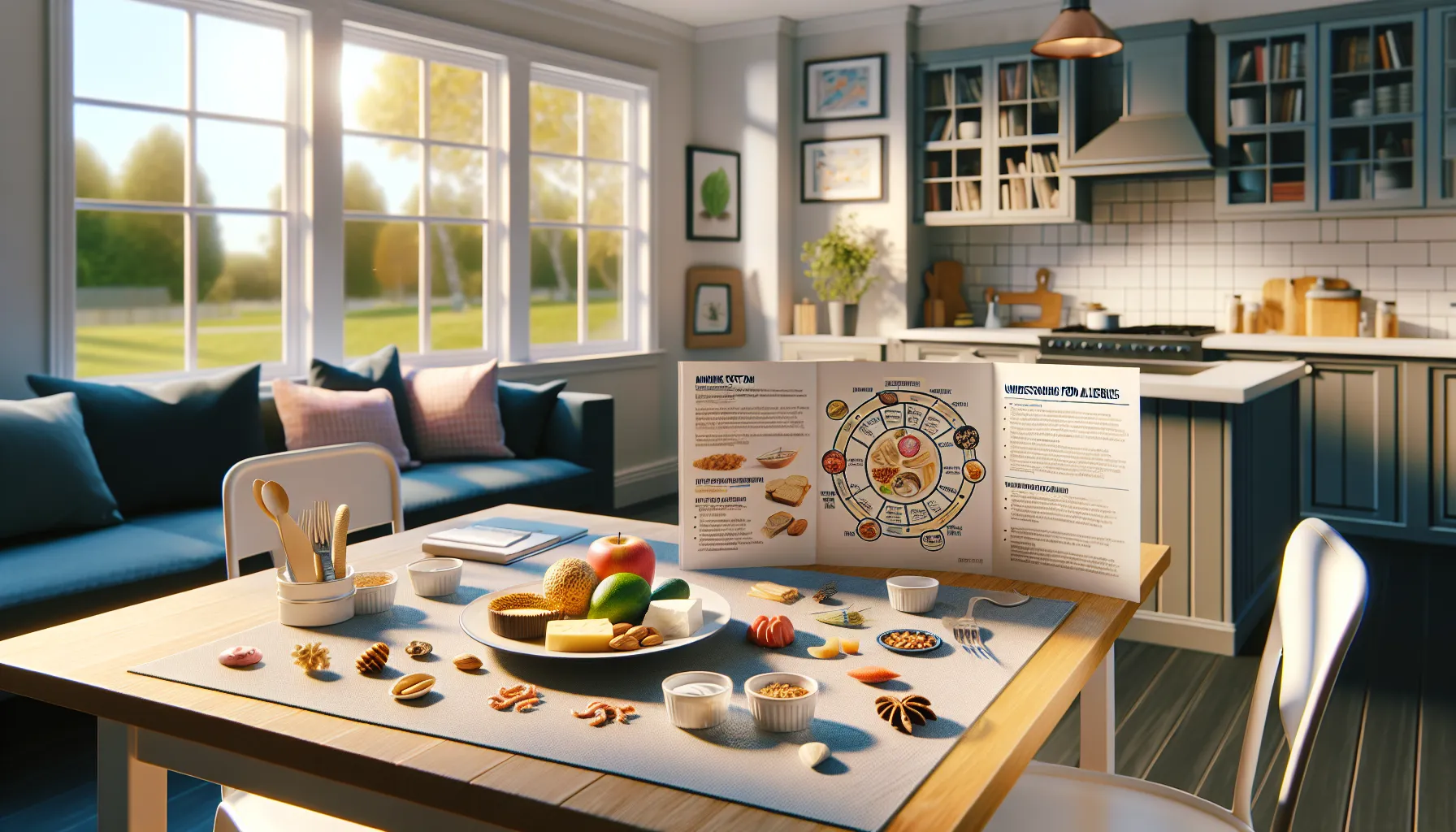 A kitchen table displaying allergen-labeled foods and educational materials on food allergies.