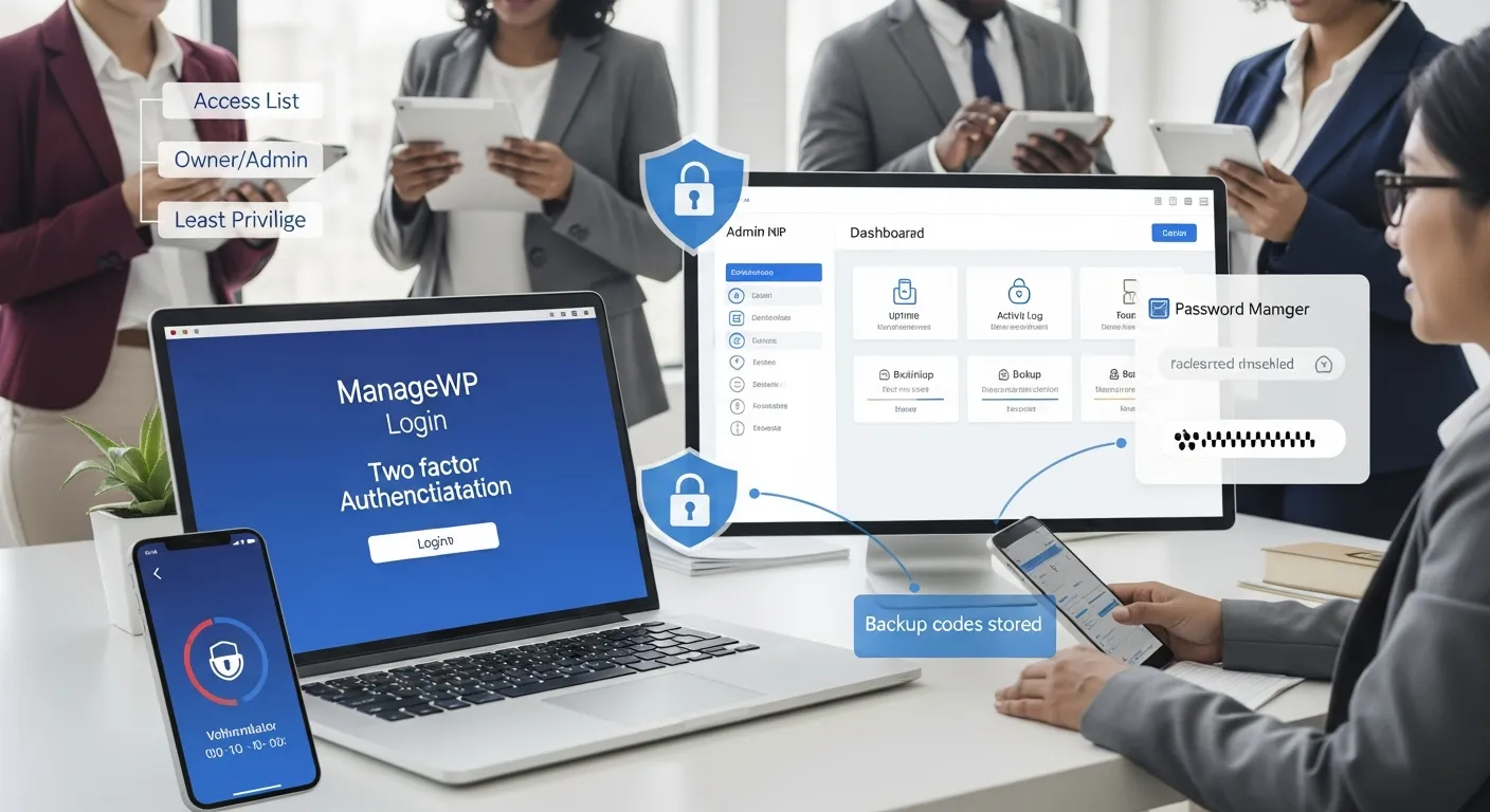 Professionals securing a ManageWP login with 2FA, alerts, and password manager.