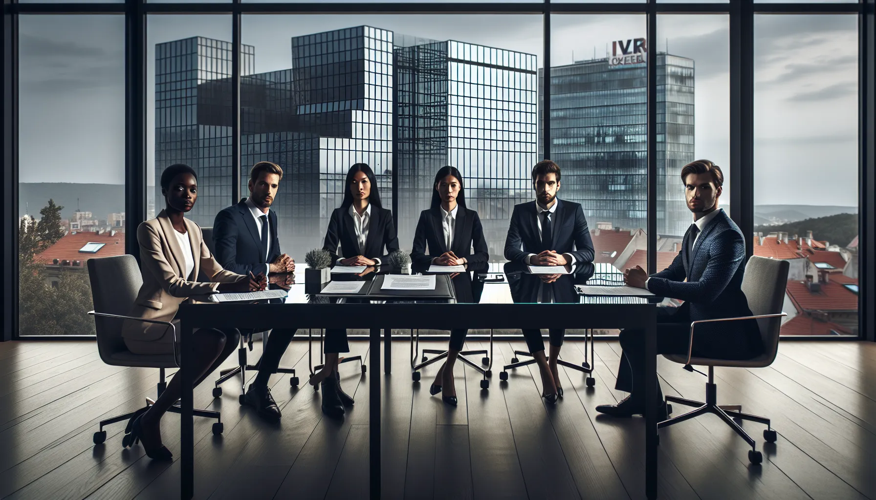 Croatian office workers reviewing employment termination documents at modern conference table