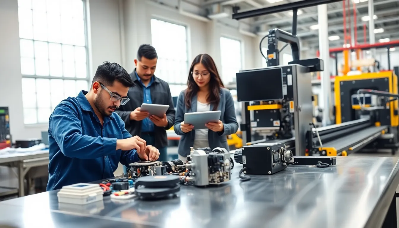 diverse team assembling electronic components in a bright factory.