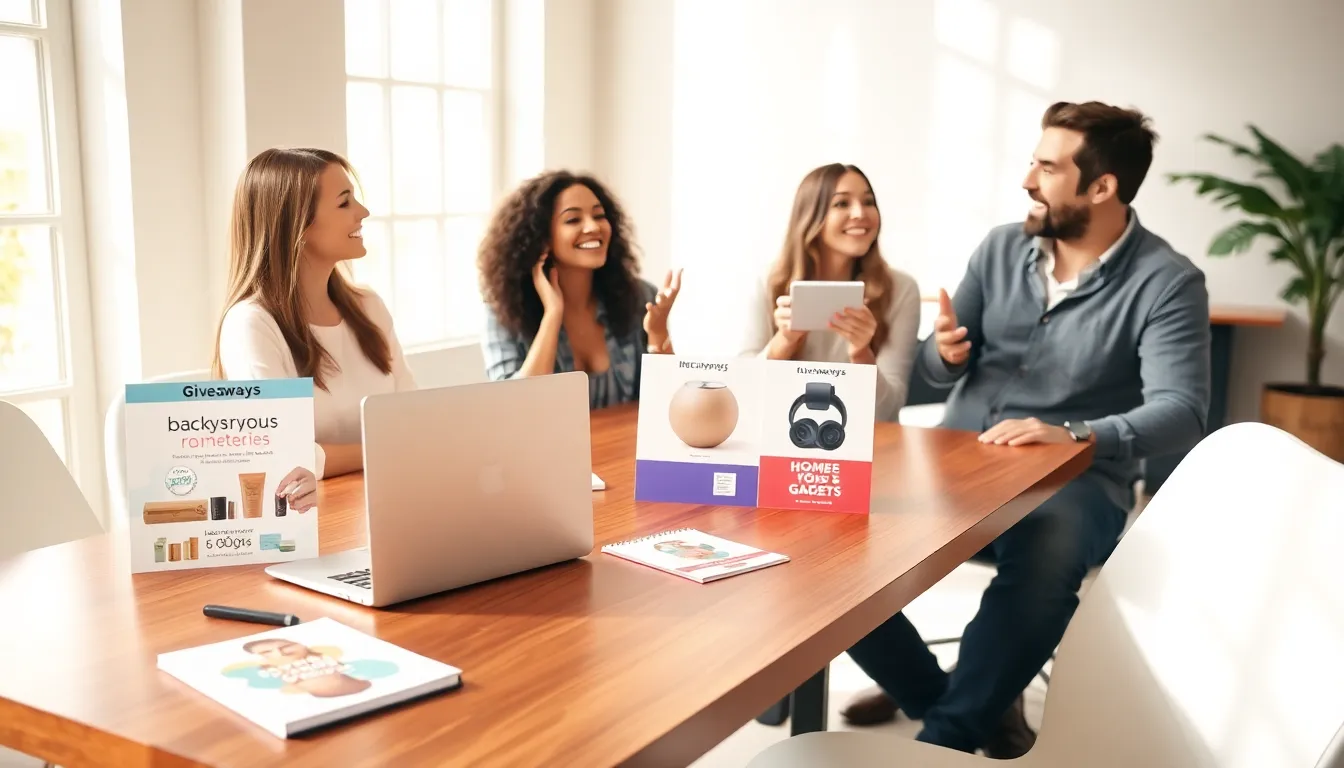 diverse group discussing giveaways in a modern workspace.