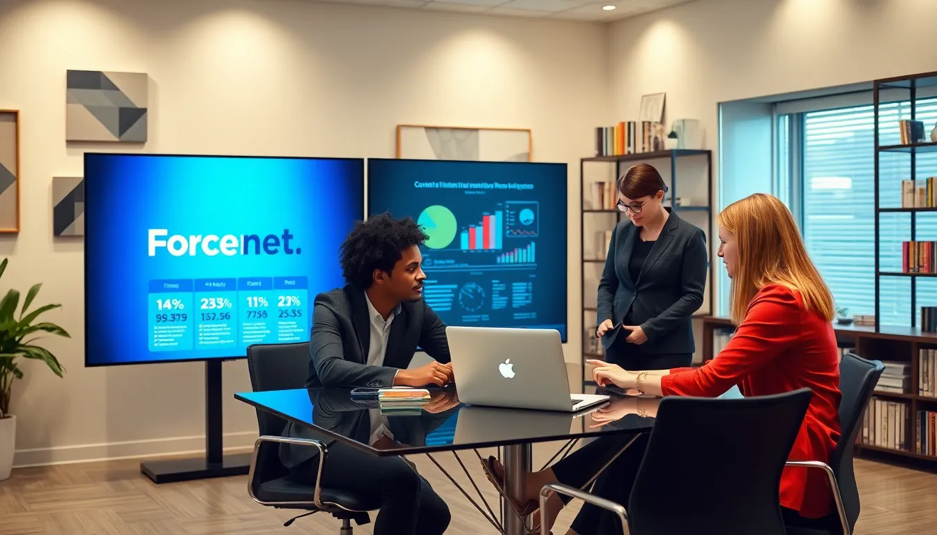 diverse team collaborating in a modern office setting with digital resources.