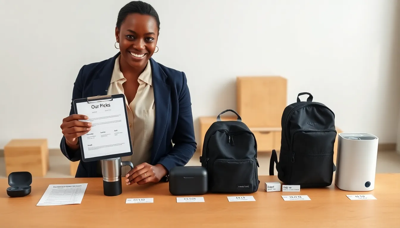 A professional woman selecting a tagged product from an "Our Picks" list.