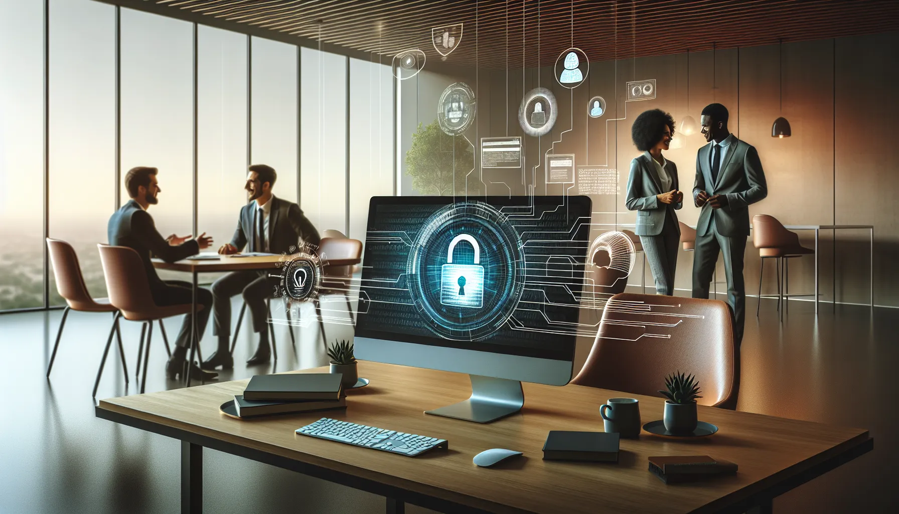 professionals discussing cyber security in a modern office.