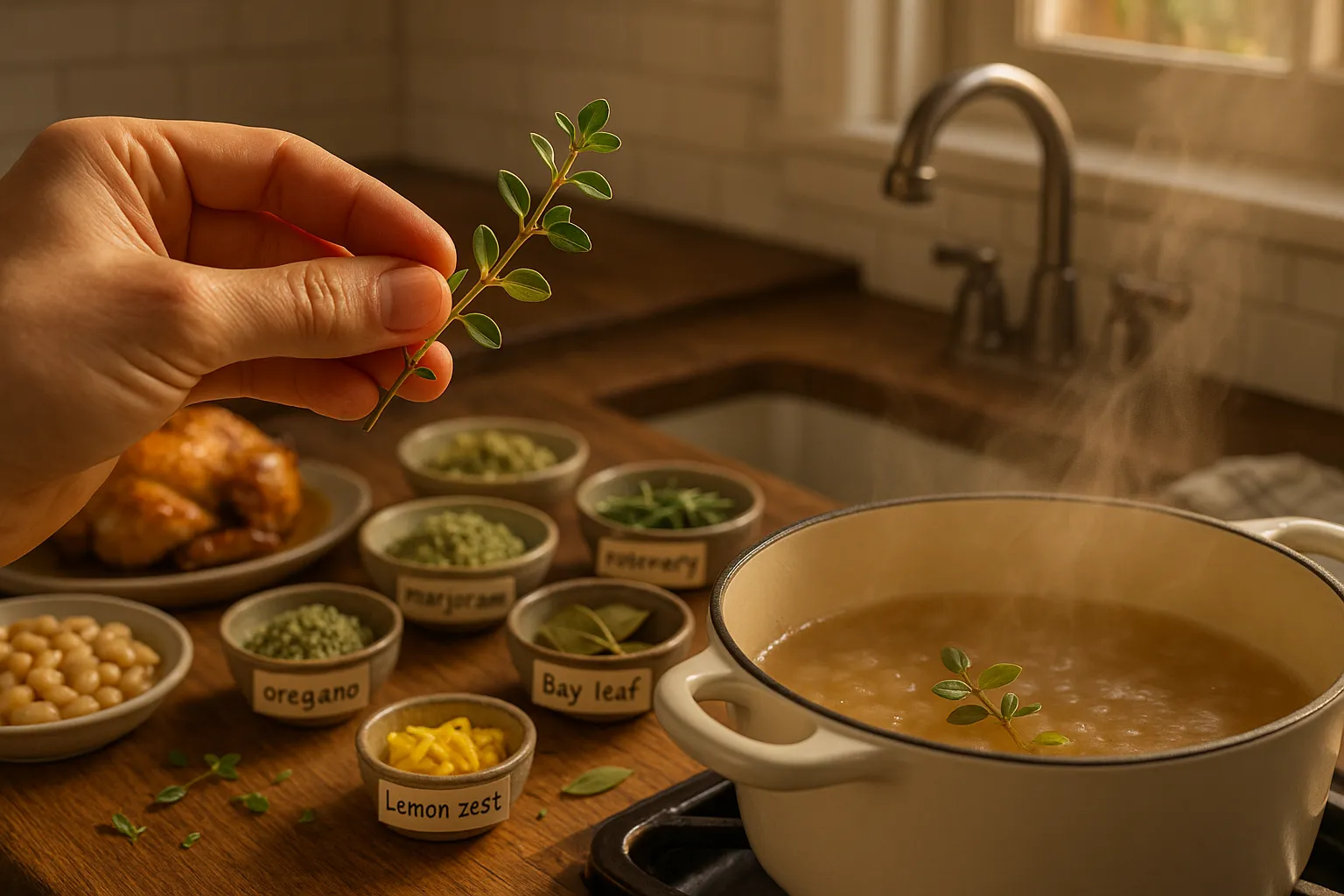 fresh thyme held over a simmering pot with bowls of herb substitutes