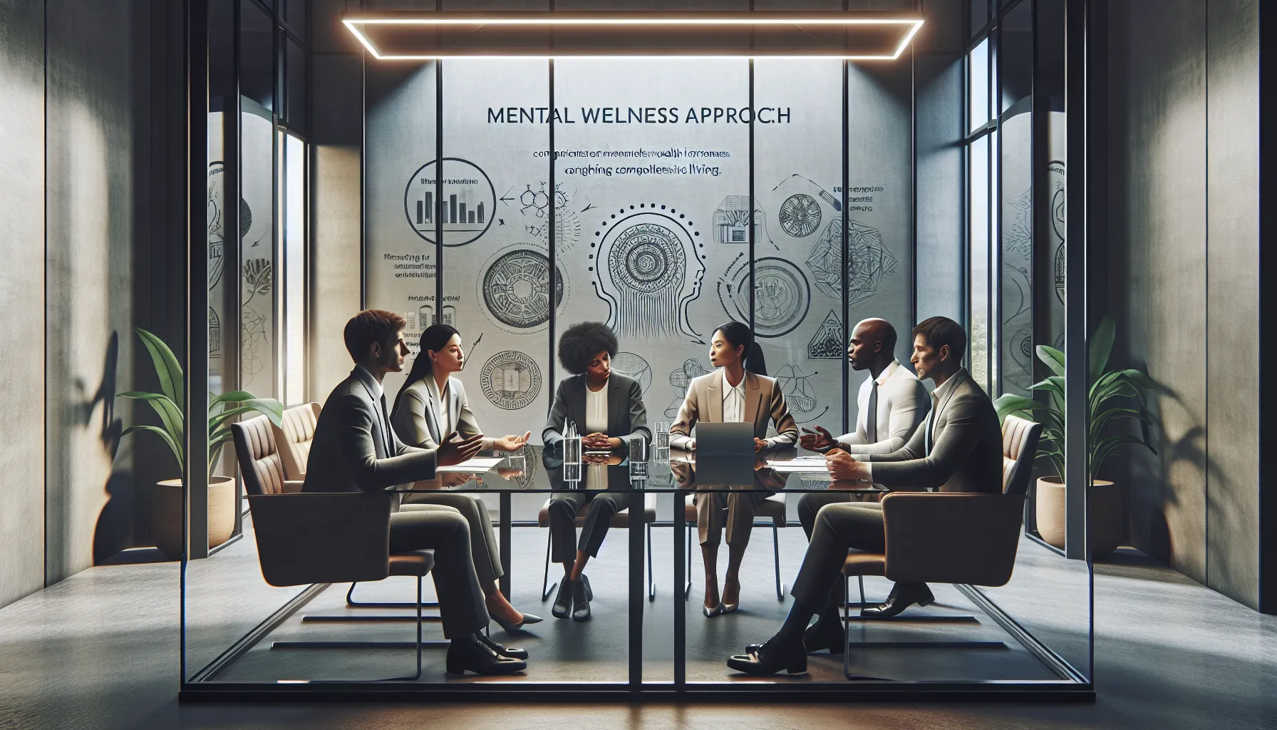 diverse professionals discussing &nu;&iota;&omicron;&upsilon;&mu;&alpha;&nu;&epsilon;&upsilon; in a modern conference room.