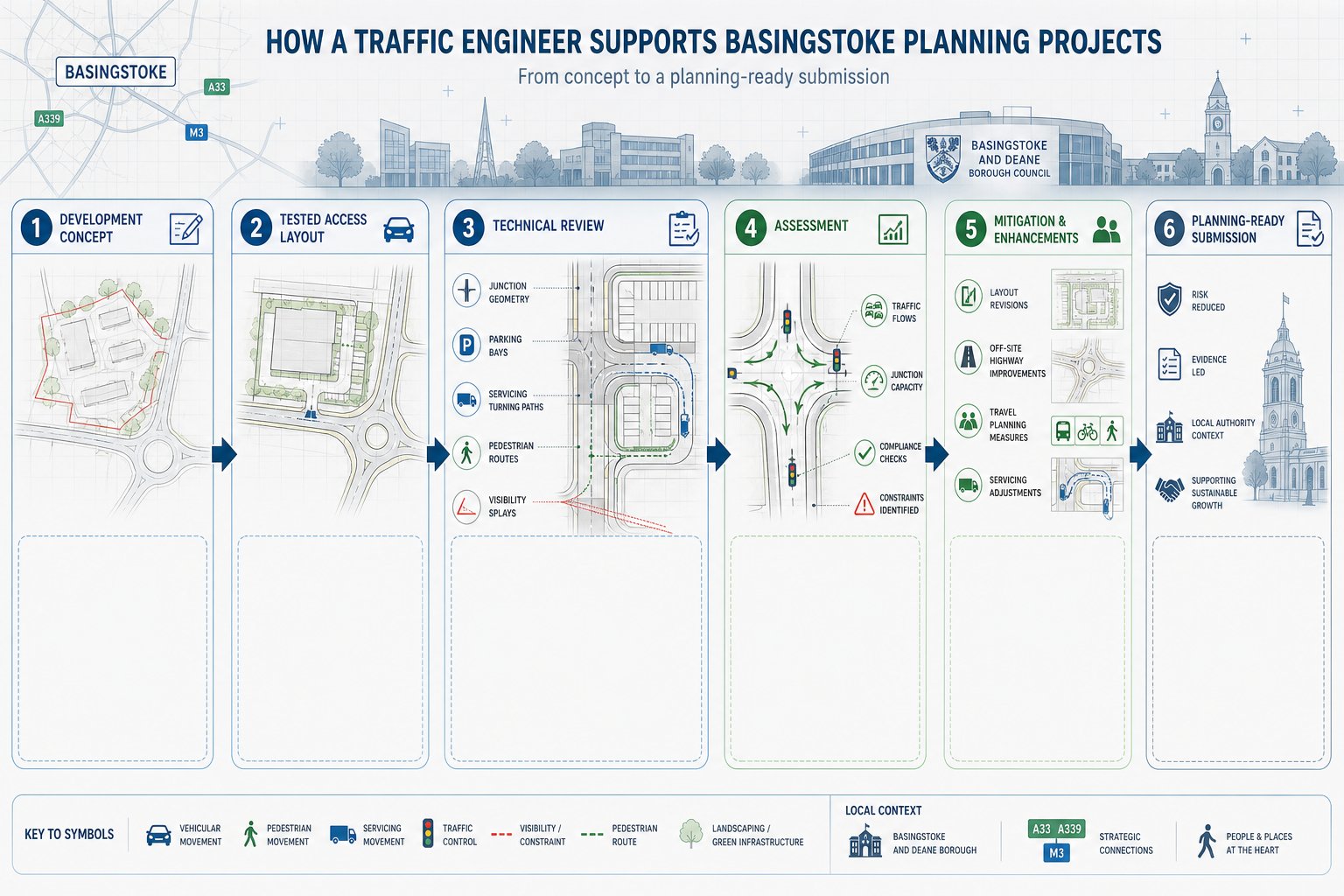 Infographic of traffic engineering steps for Basingstoke planning projects.
