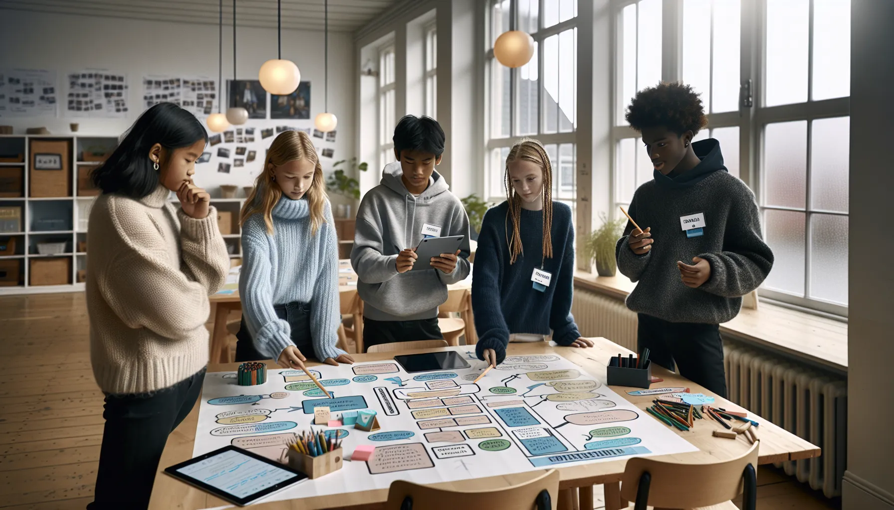 Norwegian students collaborate with roles and timer while teacher observes supportively.