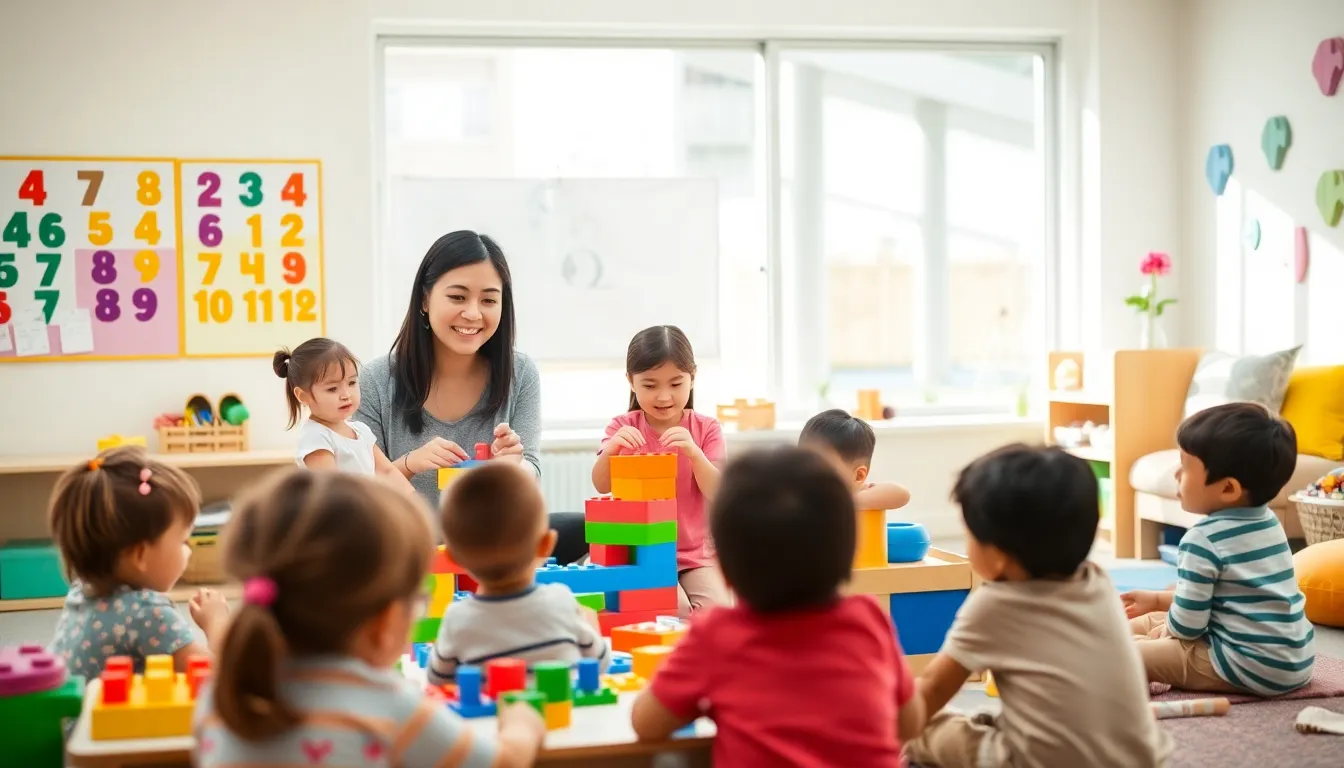 diverse children playing in a colorful preschool classroom with a teacher.