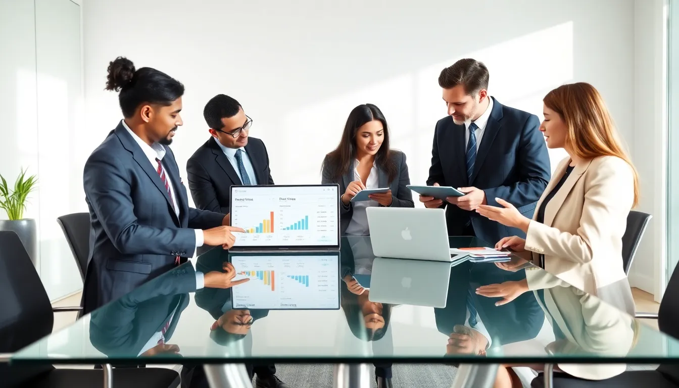 professionals discussing financial habits in a modern office setting.