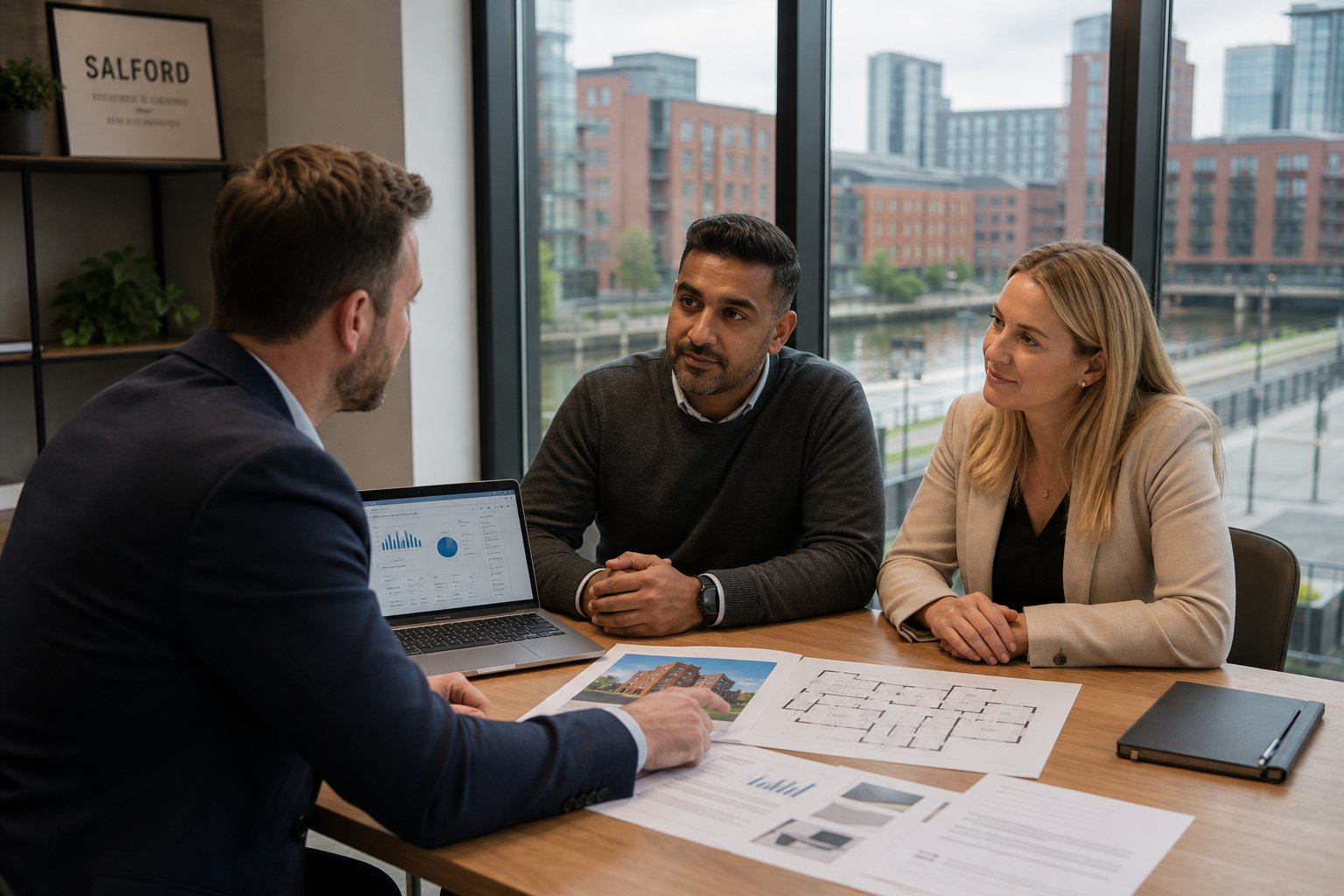 Professional mortgage advisor meeting with clients in a modern Salford office, reviewing commercial property documents in natural light.