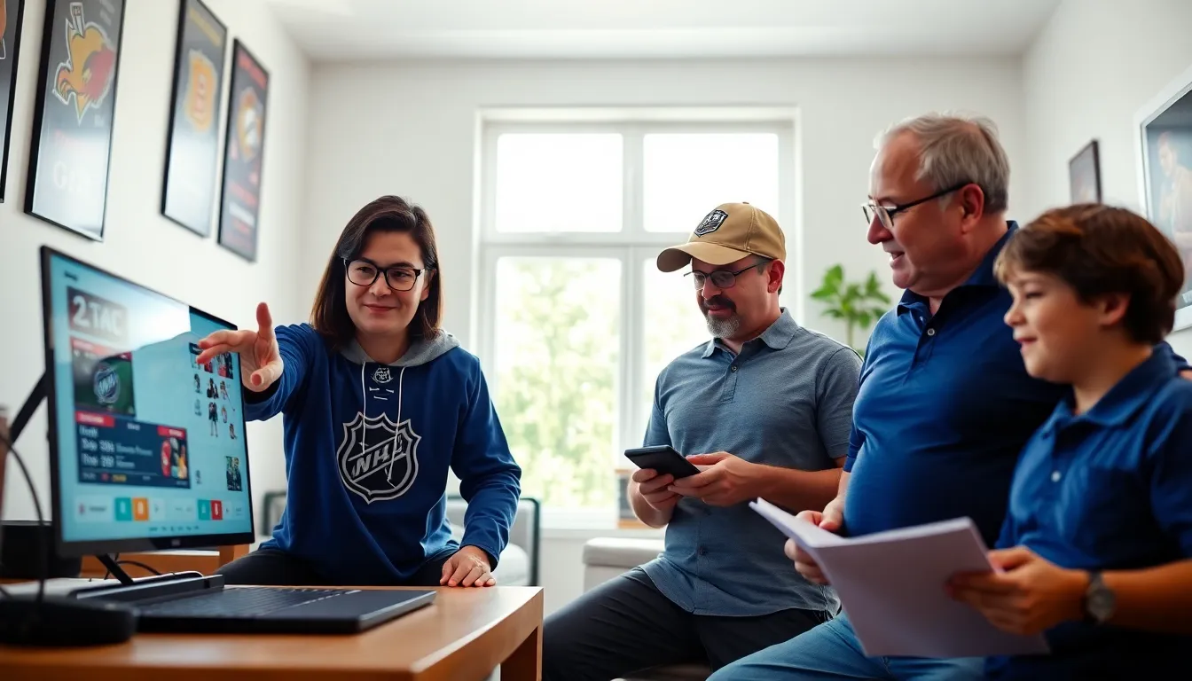 A diverse group discussing hockey news in a modern home office.