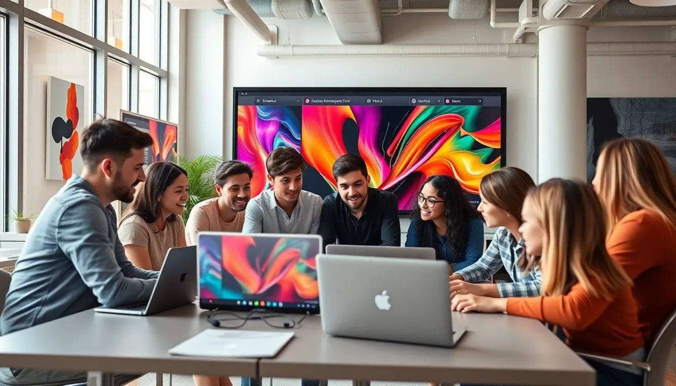 diverse team collaborating in a modern digital workspace.