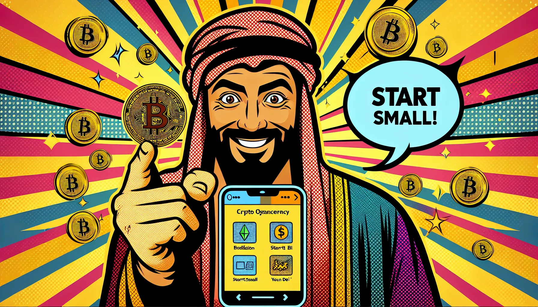 Person holding a single Bitcoin coin in bold pop art style with starburst background.