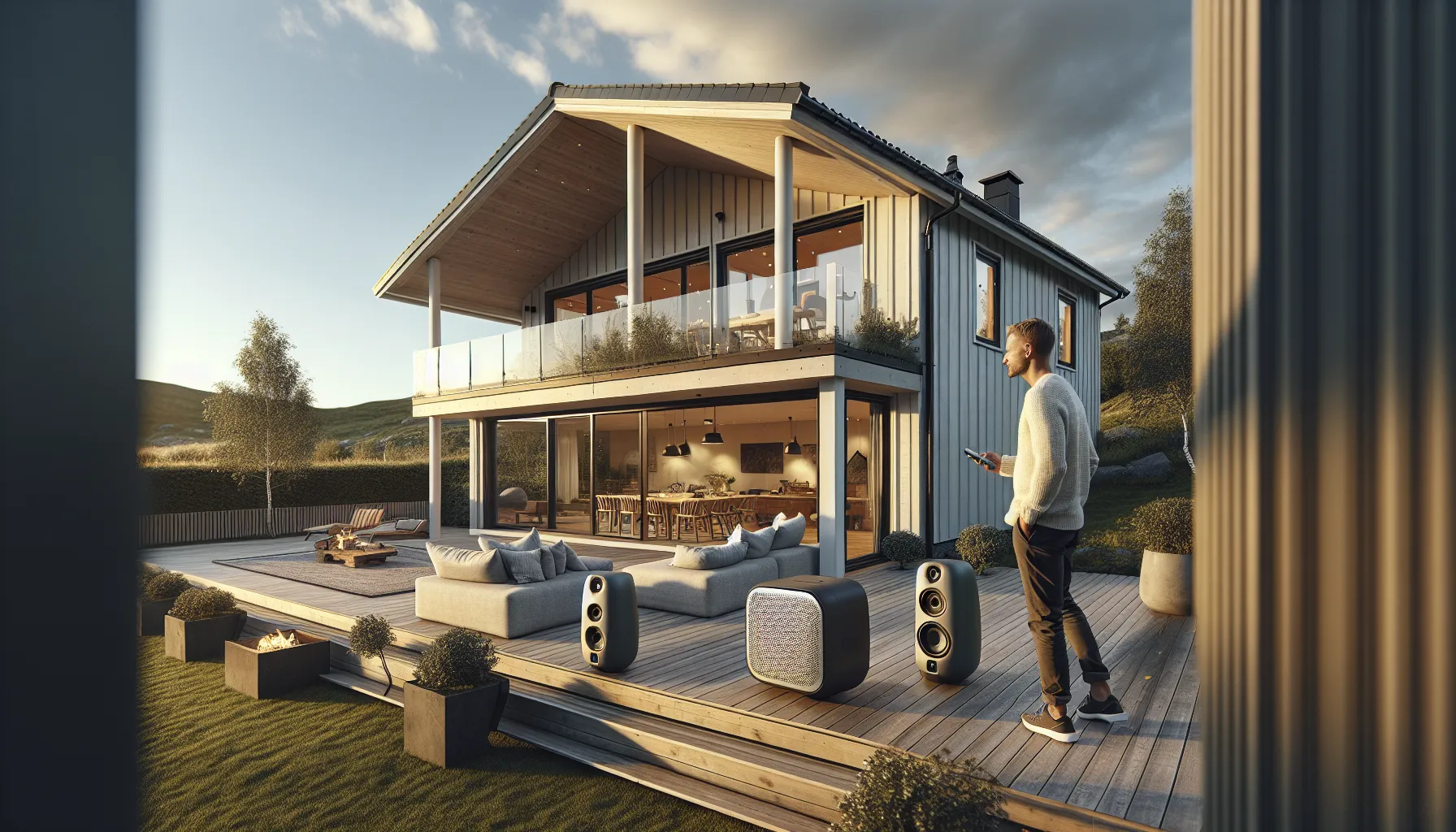 Norwegian homeowner considering fixed and portable outdoor speakers on a summer garden terrace.