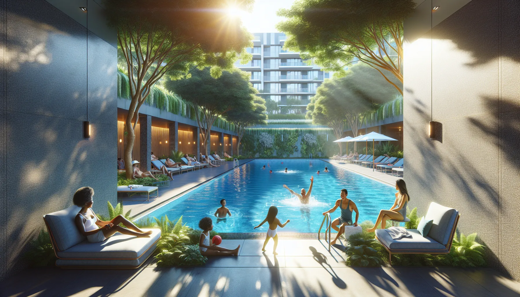 diverse people enjoying a community pool in a sunny setting.
