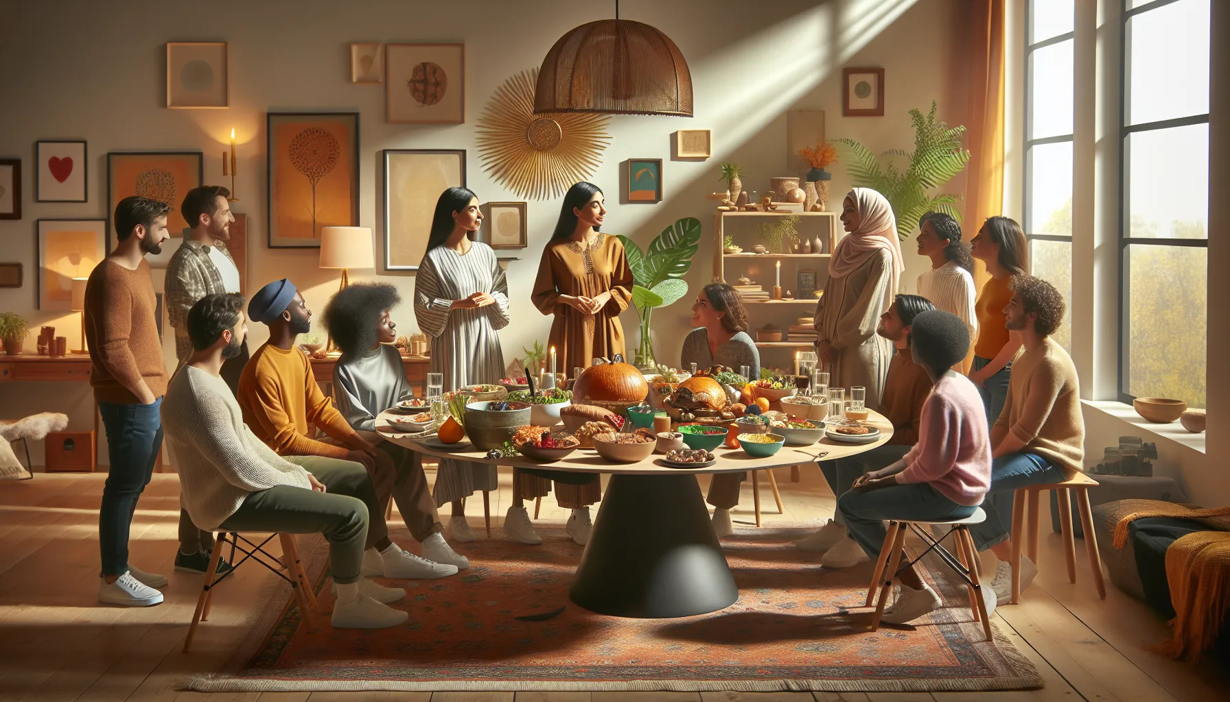 diverse friends enjoying a potluck gathering in a cozy living room.