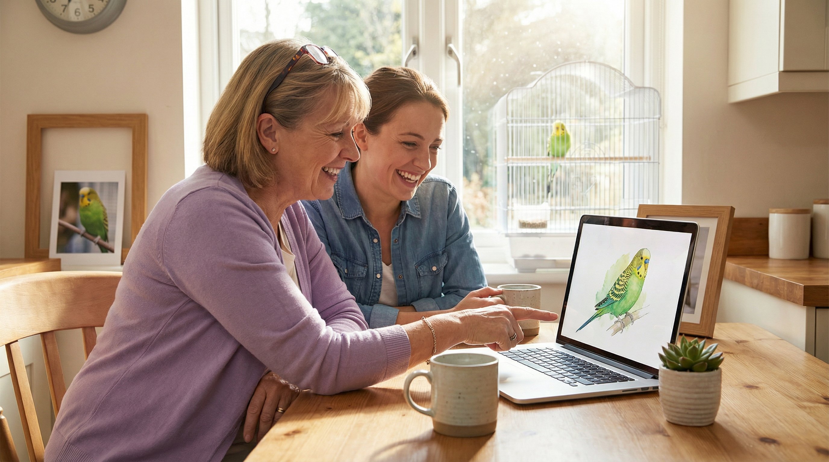 Mother and daughter smiling at a laptop showing AI bird art together.