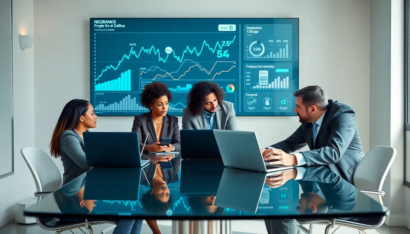 diverse team discussing fintech innovations in a modern office.