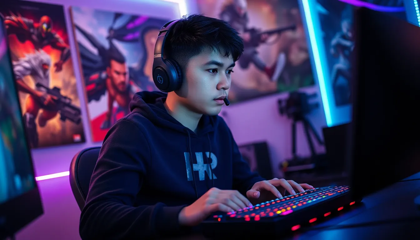 a gamer in a hoodie using a high-performance mouse and mechanical keyboard.
