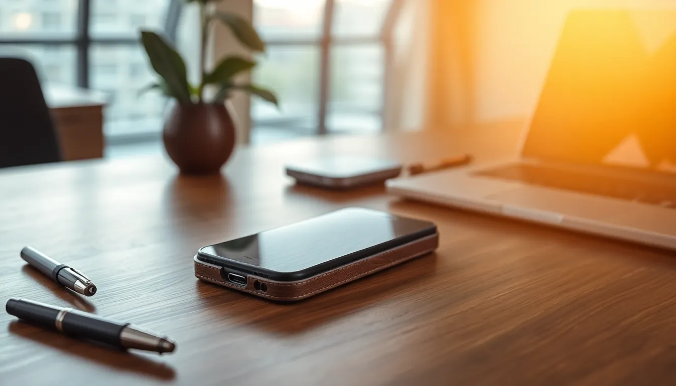 luxurious smartphone case on a sleek desk in a modern office.