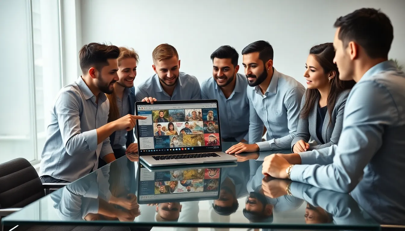 diverse professionals strategizing over a laptop in a modern office.