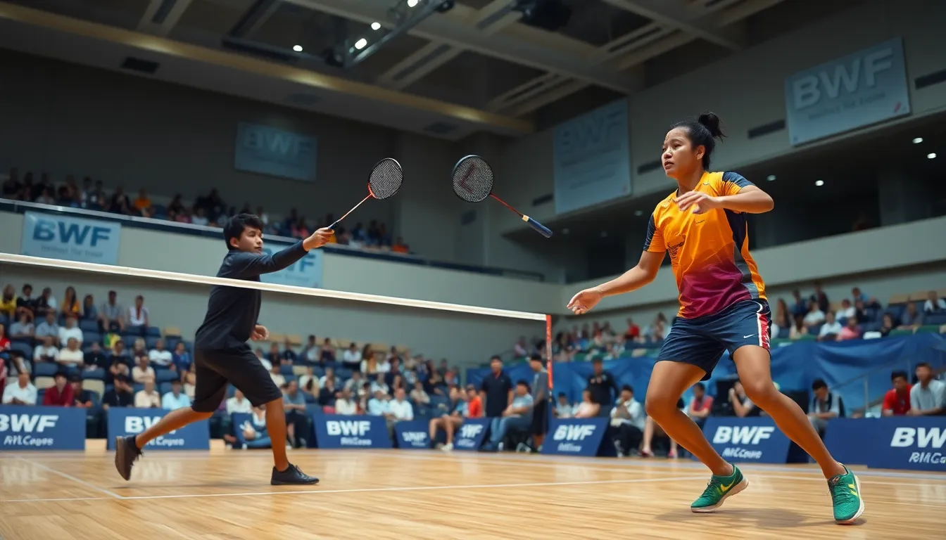 action-packed badminton match in a modern indoor arena.