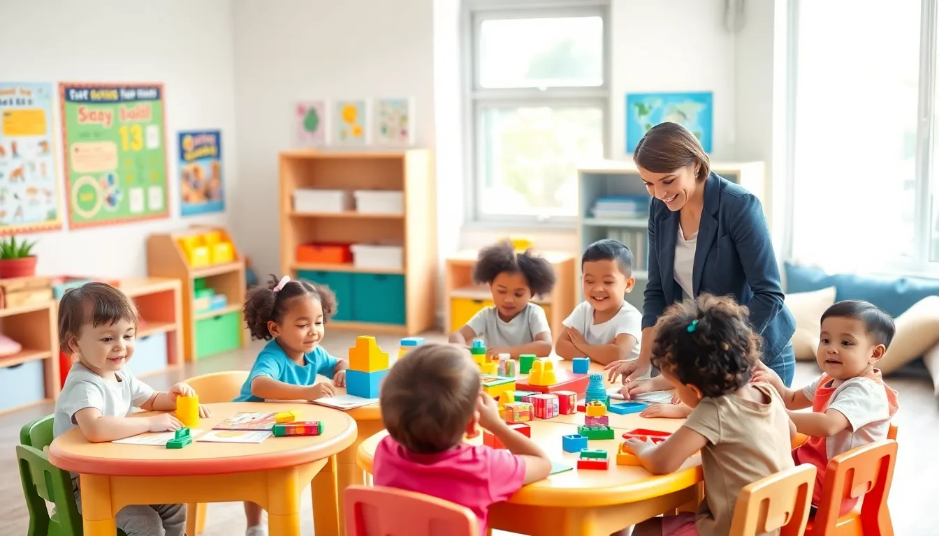 children learning together in a colorful preschool classroom.