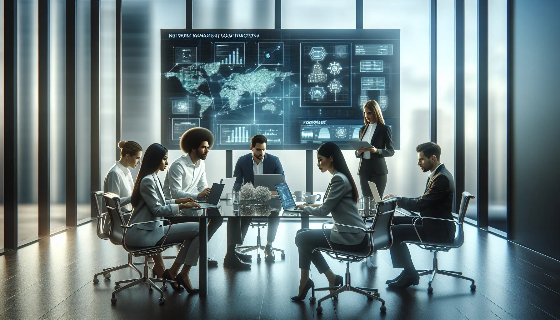 IT team collaborating on network security strategies in a modern office.