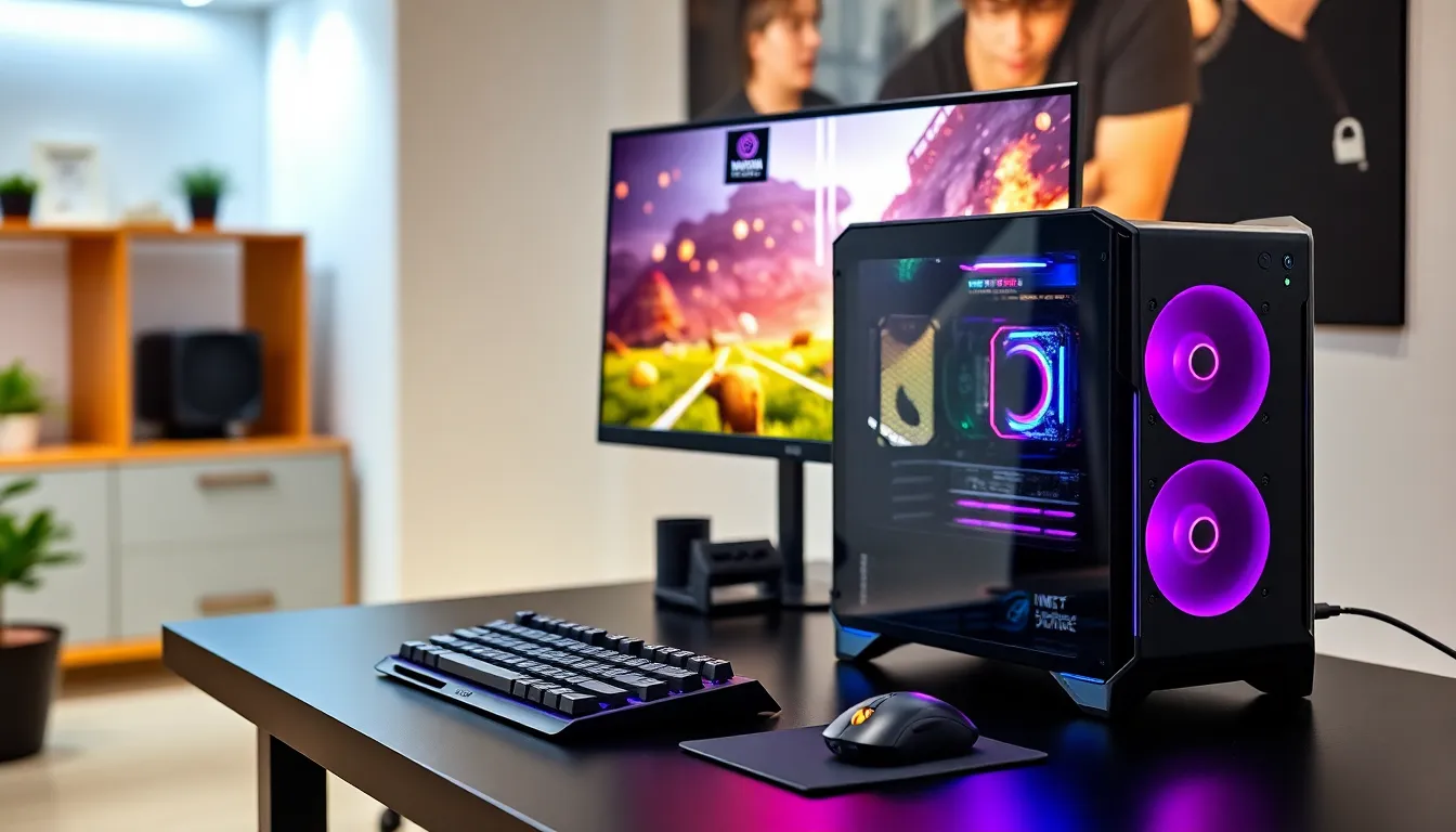 compact gaming PC setup with colorful lighting and monitor.