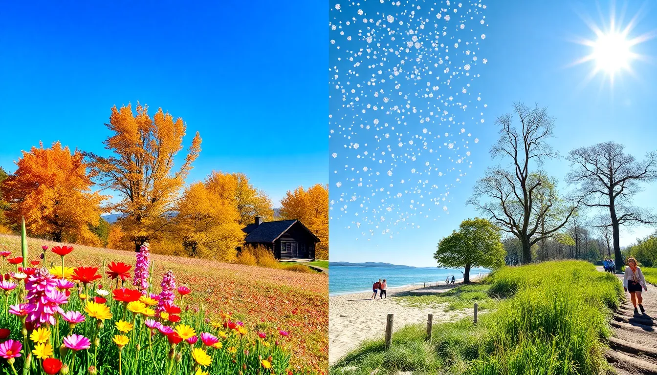 four distinct seasonal scenes of Sweet Home, showcasing its diverse climate.