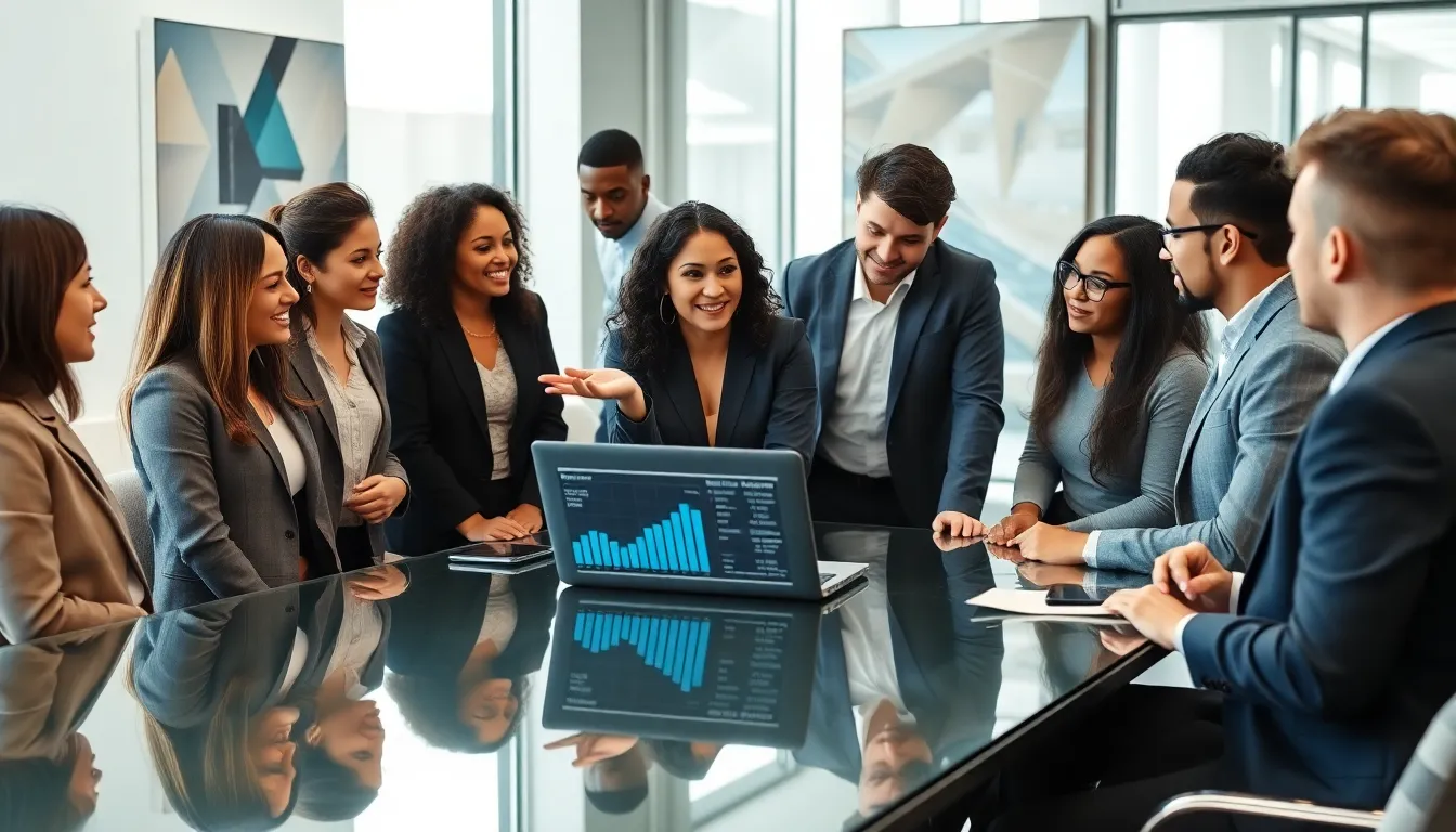 Melanie leading a diverse financial team in a modern office.